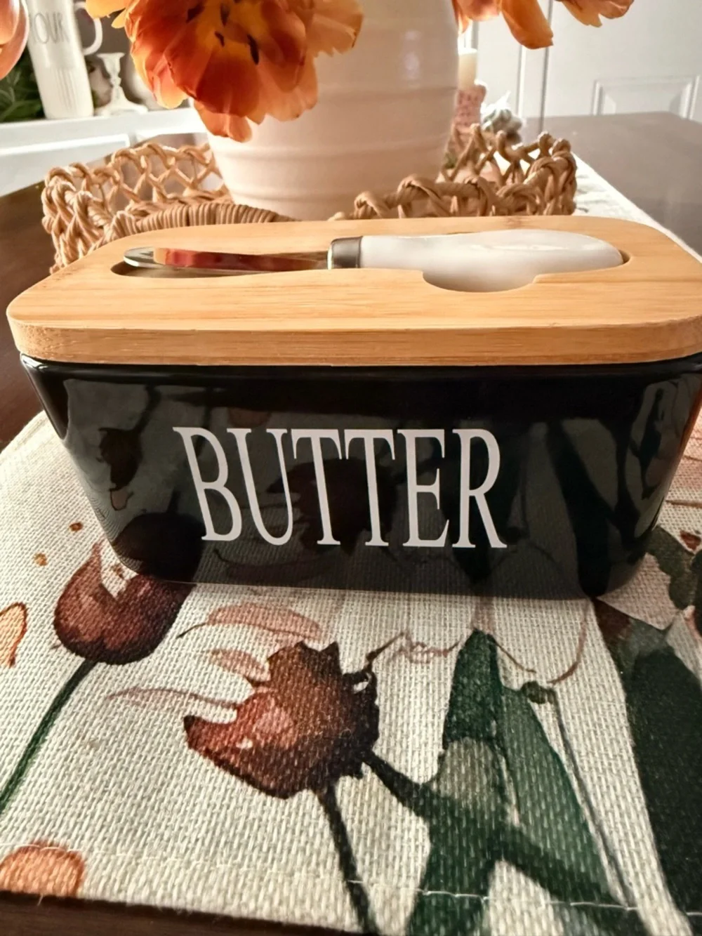 Modern Black Ceramic Butter Dish with Wood Lid & Spreader - farmhouse kitchen
